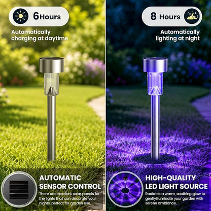 GIGALUMI Purple Solar Pathway Lights, 20-Pack Outdoor Halloween Decor | Waterproof LED stainless stakes for yard, garden & driveway. Purple glow sets spooky mood. Durable & easy install.