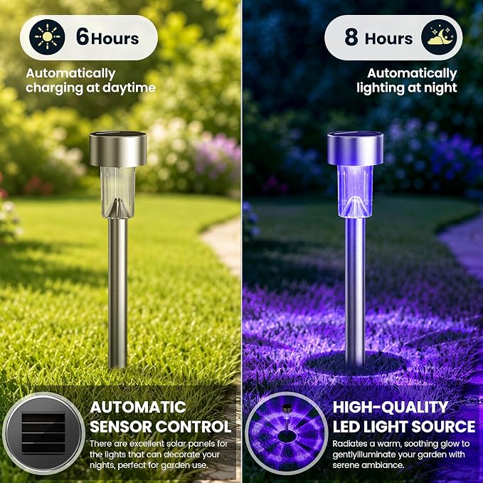 GIGALUMI Purple Solar Pathway Lights, 12-Pack Outdoor Halloween Decor | Waterproof LED stainless stakes for yard, garden, driveway, walkway. Purple glow creates spooky atmosphere.