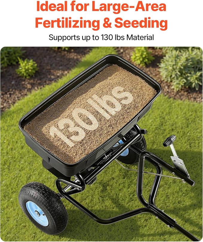 VEVOR Tow Behind Broadcast Spreader, 130LBS Capacity, Tow/Push Garden Spreader with 13 in Tires, 30 Adjustable Setting & 9.8 ft Spreading Width, Lawn Spreaders for Seed, Fertilizer, Salt, Ice Melt