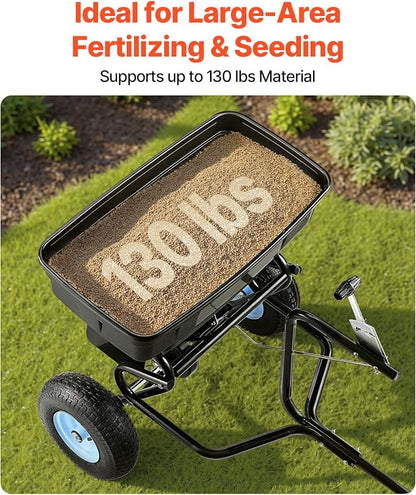 VEVOR Tow Behind Broadcast Spreader, 130LBS Capacity, Tow/Push Garden Spreader with 13 in Tires, 30 Adjustable Setting & 9.8 ft Spreading Width, Lawn Spreaders for Seed, Fertilizer, Salt, Ice Melt