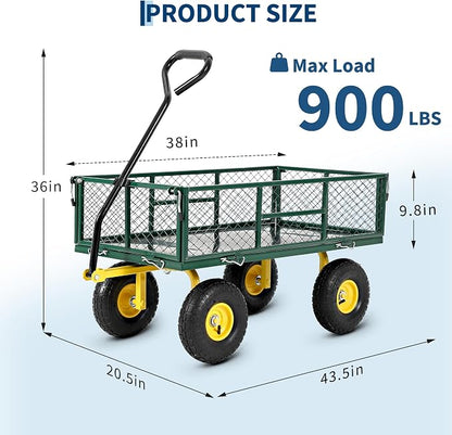 900 lbs Heavy Duty Steel Garden Cart, Garden Wagon Cart on Wheels, Outdoor Metal Yard Utility Wagon Carts with and Mesh Removable Sides and 180°Rotating Handle,Green