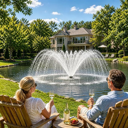 Pond Fountain Aerator, with 4 RGB Lights 1HP 110V 15000 GPH Pond Fountain Pump with Lights, Fully Automatic Lake Floating Fountain, 100 FT Power Cord, Pond Fountains for Large Ponds Lake