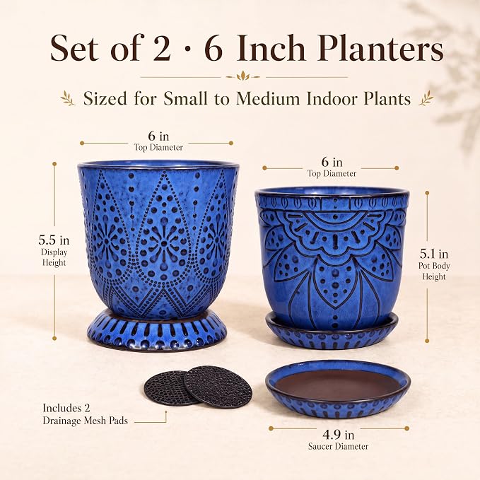 Gepege 6 Inch Beaded Ceramic Planter Set of 2 with Drainage Hole and Saucer for Plants, Indoor-Outdoor Large Round Succulent Orchid Flower Pot (Blue, for Inner-pots not Larger Than 5 Inch)