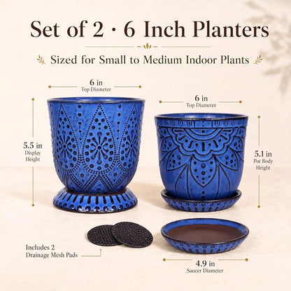 Gepege 6 Inch Beaded Ceramic Planter Set of 2 with Drainage Hole and Saucer for Plants, Indoor-Outdoor Large Round Succulent Orchid Flower Pot (Blue, for Inner-pots not Larger Than 5 Inch)