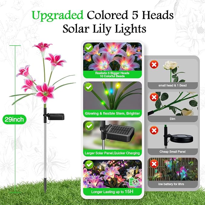 Solar Lights Outdoor Garden Decor - 6 Pack Solar Flowers with 30 Heads Colorful Lily Lights & Glowing Stems, Brighter Waterproof Decorative Garden Lights for Yard, Patio, Flower Bed, Gifts