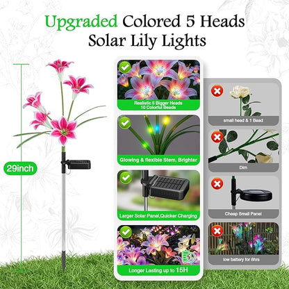 Solar Lights Outdoor Garden Decor - 10 Pack Solar Flowers with 50 Heads Colorful Lily Lights & Glowing Stems, Brighter Waterproof Decorative Garden Lights for Yard, Patio, Flower Bed, Gifts