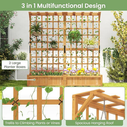 HAPPYGRILL 71" Raised Garden Bed with Trellis, Wood Planter Container w/2 Hanging Roof & Garden Boxes, 4 Drainage Holes, Outdoor Planter Box w/Removable Bottom Plate for Climbing Plants Flowers Vine