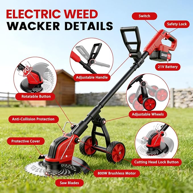 12-Inch Weed Wacker with Wheels, 2x3.0Ah 21V Battery Powered Weed Eater, Cordless Lawn Mower with 4 Types Blades, 20000RPM Electric Brush Cutter Grass Trimmer for Garden Yard