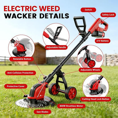 12-Inch Weed Wacker with Wheels, 2x3.0Ah 21V Battery Powered Weed Eater, Cordless Lawn Mower with 4 Types Blades, 20000RPM Electric Brush Cutter Grass Trimmer for Garden Yard
