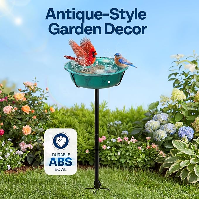 VIVOHOME Bird Bath for Outside, Outdoor 13'' Birdbath Bowl with Metal Ground Stake, Weather-Resistant ABS Bird Bath and Feeder for Garden, 1.45 Gallons, Green