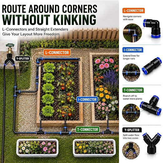 5/16" Drip Irrigation System 65 ft with 16-Pcs 360° Adjustable Copper Nozzles, Automatic Misting Watering System for Garden, Raised Beds, Greenhouse (65ft+16 nozzles)