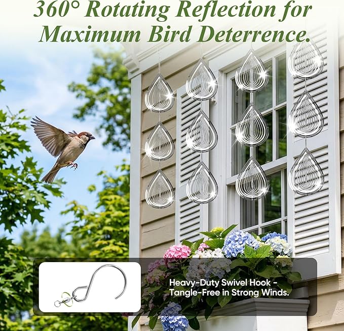 Reflective Wind Spinners for Outdoors, 12 PCS Stainless Steel Bird Control Discs with 360° Swivel Hooks, Humane 3D Hanging Ornament for Garden, Patio, Balcony & Orchard
