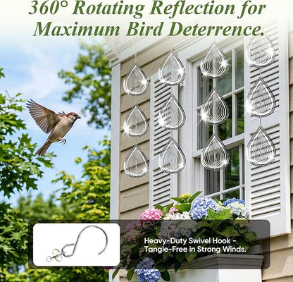 Reflective Wind Spinners for Outdoors, 12 PCS Stainless Steel Bird Control Discs with 360° Swivel Hooks, Humane 3D Hanging Ornament for Garden, Patio, Balcony & Orchard