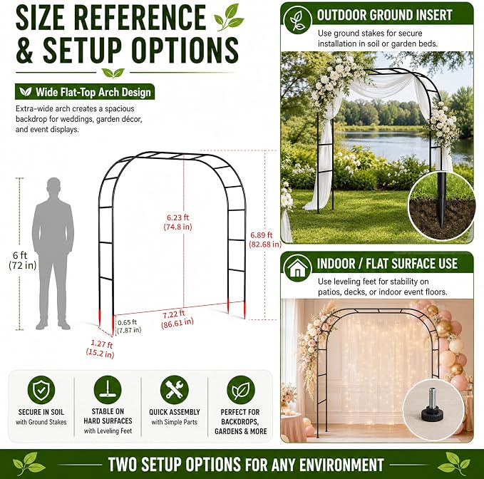 SUNLPH Thickness Metal Garden Arch Trellis for Climbing Plants, Rustproof, Black, 4.6x8.2 or 7.2x6.9 Ft, Wedding Arbor Archway for Bridal Party Flower Decoration