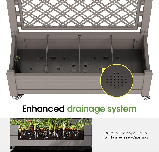 Fancyango Raised Garden Bed with Wheels 61.2" H -Gray | Resin Elevated Garden Planter Box with Trellis, Outdoor Planter Box for Veggies Herbs Patio Balcony Backyard