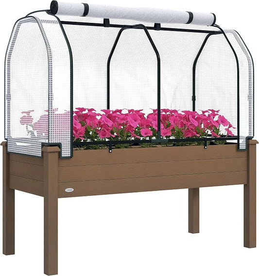 Outsunny Raised Garden Bed with PE Greenhouse Cover Outdoor Elevated Wood Planter Box for Herbs and Vegetables, Use for Patio, Backyard, Balcony, 48 x 22 x 46 inch, Brown