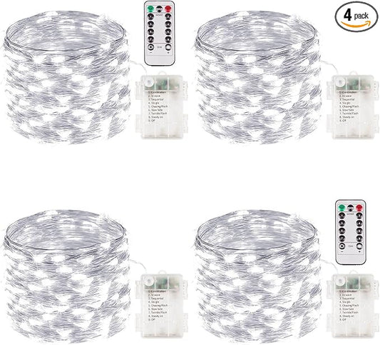 4 Pack Fairy Lights Battery Operated with Remote 33 FT 100 LED Cool White | Remote Control, 8 Modes, Timer, Adjustable brightness, Waterproof Lights for Indoor Outdoor Classroom Christmas Decor