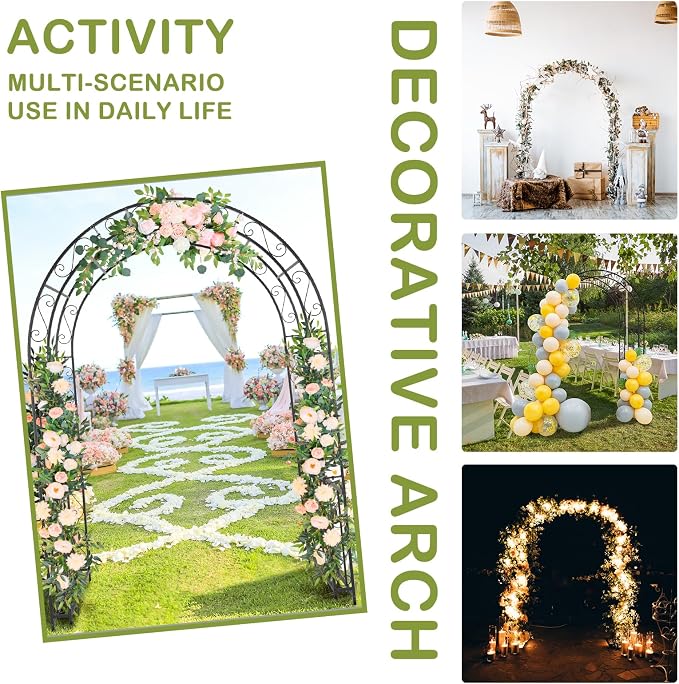 Outvita 7FT Black Metal Garden Arch Arbor with Gate | Heavy duty trellis archway with ground stakes, for climbing roses, patio, wedding & party decor