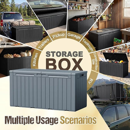 110 Gallon Deck Box Outdoor Indoor Waterproof Storage Box for Patio Furniture, Pool Accessories, Garden Tools, and Cushion Storage, Gray