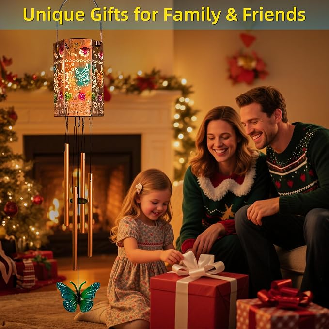 Butterfly Solar Light Wind Chimes for Outside, Hanging Memorial Wind Chimes Gifts for Mother’s Day Women Mom Grandma Sister