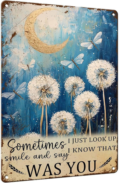 PEACHGARDEN Dragonfly Sign Dandelion Decor Wall Art - "I Know That Was You" Whimsical Home Decor, Vintage Memorial Metal Sign for Bedroom Living Room 8x12 Inch
