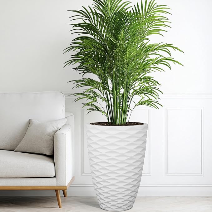 2-Pack 19" White Resin Tall Outdoor Planters with Wave Texture | High-density resin planters with Nordic wave texture, drainage holes, and weather-resistant finish for porch or patio