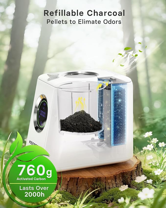 1 Gallon Electric Kitchen Composter, Smart Mill Food Recycler with Large Touch Screen, Compost Bin Indoor with 4 Sharktooth Blades, 0.5kWh Per Cycle Energy-efficient, Odorless, Low Noise,Auto-Cleaning
