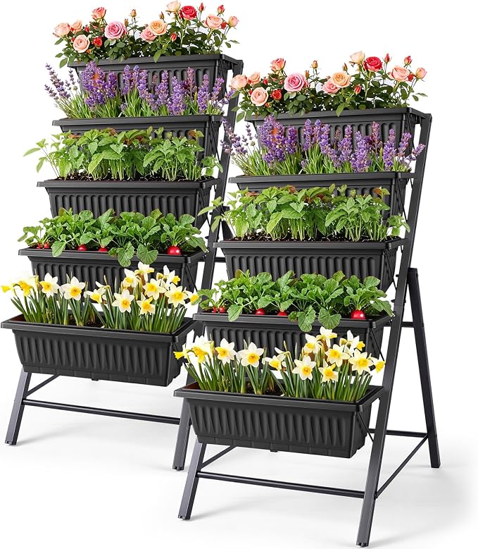 Homdox 2 Pack Vertical Garden Bed, 5 Tiers Vertical Raised Garden Planter, 23 * 26 * 45Inch Outdoor Garden Raised Bed with 4 Hooks, Vegetable Flower Planter Raised Stand for Garden Patio Yard, Black