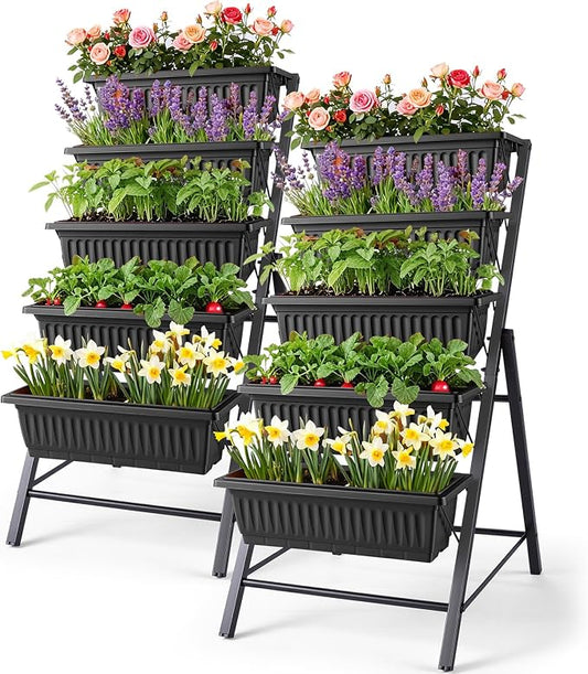 Homdox 2 Pack Vertical Garden Bed, 5 Tiers Vertical Raised Garden Planter, 23 * 26 * 45Inch Outdoor Garden Raised Bed with 4 Hooks, Vegetable Flower Planter Raised Stand for Garden Patio Yard, Black