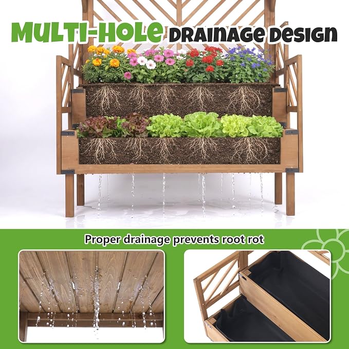Raised Garden Bed with Trellis & 2 Planter Boxes, Elevated Planter Box with Drainage Slits Liner & Top Shelf, for Climbing Plants, Flowers, Vegetables, Herbs, Backyard Balcony Patio