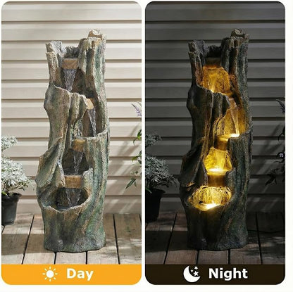 Outdoor Waterfall Fountain with LED Lights, Freestanding Tree Design Garden Water Feature, Fiberglass Resin Construction, Easy Setup for Patio Backyard Lawn Porch