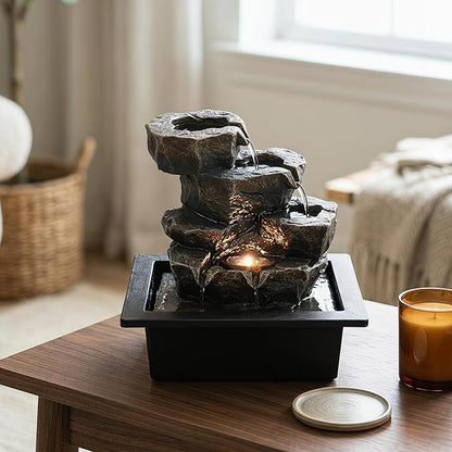 Indoor Tabletop Rock Waterfall Fountain with Warm Light & Stacked Stone for Home Office Desk Decor, Zen Resin Water Feature for Relaxation