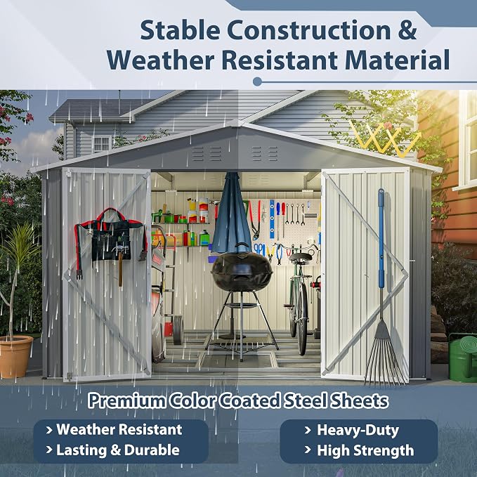PVWIIK 10x8 FT Large Outdoor Metal Storage Shed, Heavy Duty Waterproof Steel Garden Tool Shed with Lockable Doors, Utility Storage Building for Backyard Patio Lawn Garden, Grey