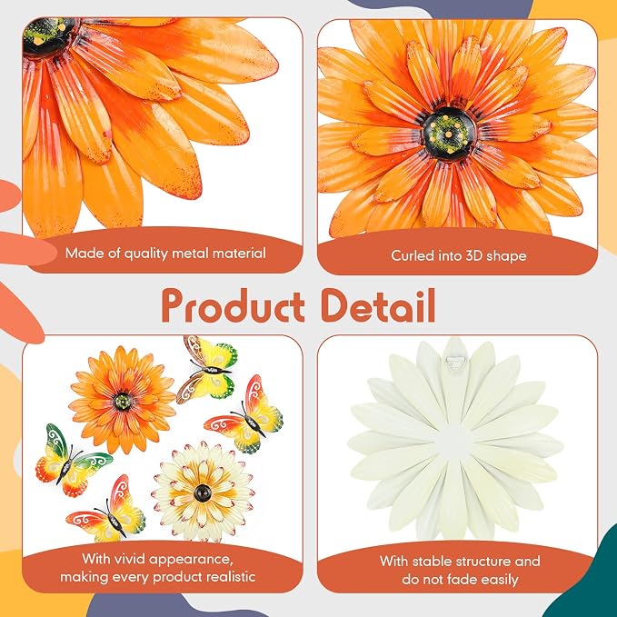Zhehao 6 Pcs 9.5'' Metal Butterfly Wall Decor 7.8'' Metal Flowers Outdoor Wall Decor Sunflower Outdoor Art Fence Art Decorations for Garden Bedroom Bathroom Decorations