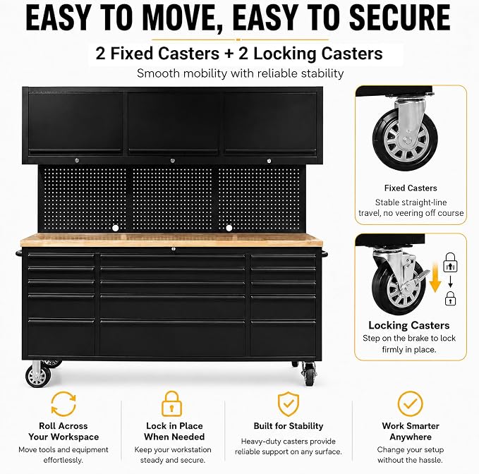 CHETTO C 72 inch Tool Chest Tool Box Mobile 15 Drawers Storage 3 Upper Cabinets SS-Pegboard Rolling Cabinet with Wheels Lock Key Locking System Drawer Liners for Garage Warehouse Repair Shop Black