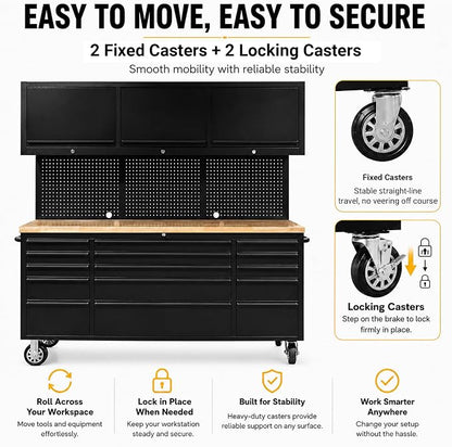 CHETTO C 72 inch Tool Chest Tool Box Mobile 15 Drawers Storage 3 Upper Cabinets SS-Pegboard Rolling Cabinet with Wheels Lock Key Locking System Drawer Liners for Garage Warehouse Repair Shop Black