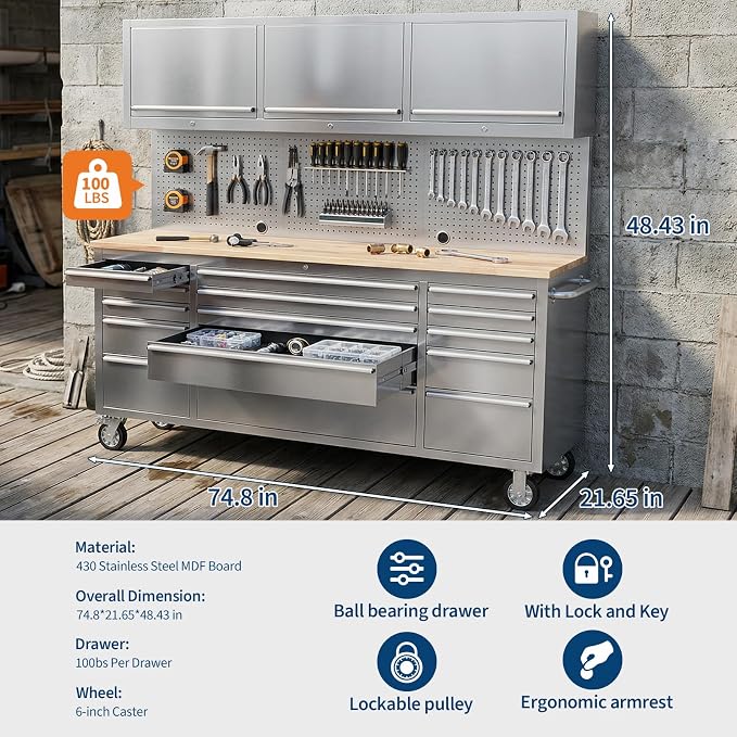 GarveeTech 72-Inch Heavy-Duty Rolling Tool Chest & Mobile Workbench, 15 Drawers & 3 Top Cabinets, Rubber Wood Tabletop, Key Locking System, Drawer Liners, Wheels, Steel Storage Cabinet for Garage