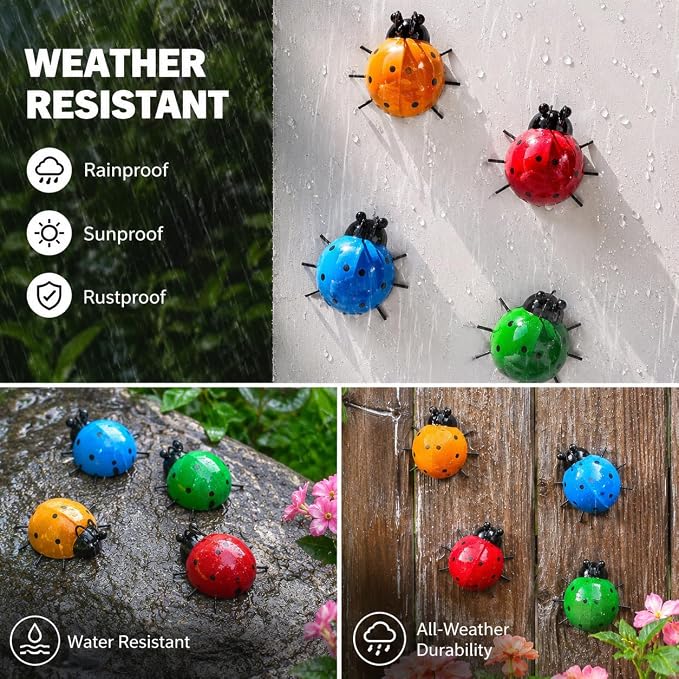 MACLARONX Metal Ladybugs Outdoor Yard Art Garden Fence Decor Set of 4 Cute Lady-Bugs Wall Sculptures Colorful 3D Ornaments for Backyard Balcony Patio