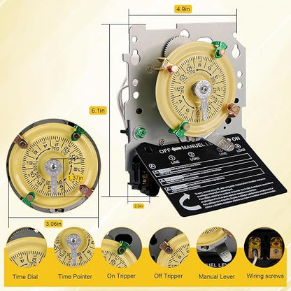 T104M Pool Timer Mechanism Only, 24-Hour Mechanical Timer Switch for Pump | 208-277V 40A 24 Hour 12 ON/Off Pool pump timer and mechanical pool timer for pumps and heaters