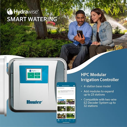 Hunter HPC400 Sprinkler Controller, 4-Zone, WiFi Smart Sprinkler Timer | Indoor/outdoor 4-station irrigation controller with Hydrawise app control, touchscreen, and expansion up to 32 zones
