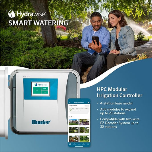 Hunter HPC400 Sprinkler Controller, 4-Zone, WiFi Smart Sprinkler Timer | Indoor/outdoor 4-station irrigation controller with Hydrawise app control, touchscreen, and expansion up to 32 zones