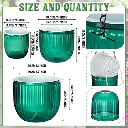 Maxcheck 3 Pcs Self Watering Hanging Planters Indoor Gift 6.9'' 6.5'' 4.5'' Hanging Flower Pots Baskets Outdoor Emerald Self Watering Plant with 3 Hooks Drainage Holes for Home