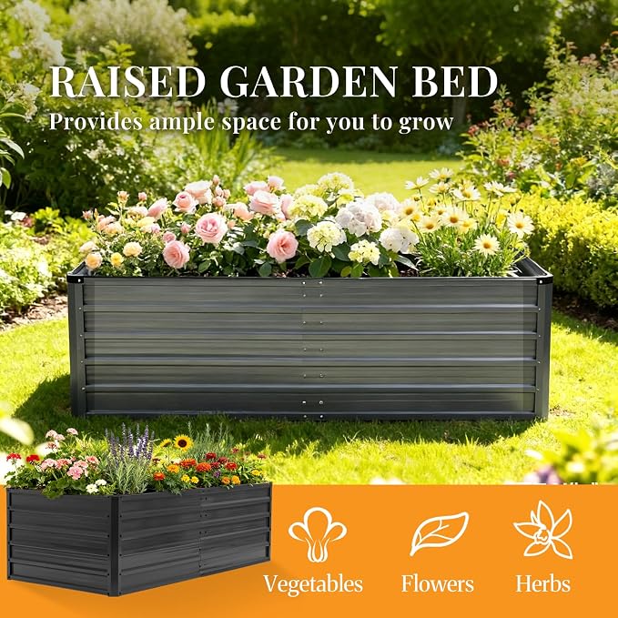 NEWBULIG Galvanized Raised Garden Bed Kit, 6x3x2ft Outdoor Metal Planters Box, Rectangular Raised Flower Beds for Planting Vegetables Flowers Herbs, Open Bottom, Easy Assembly, Dark Gray