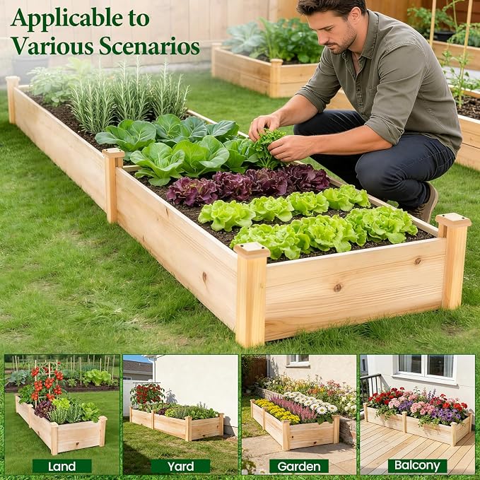MIXC 8×2ft Wooden Horticulture Raised Garden Bed Outdoor Divisible Elevated Planting Planter Box for Vegetables, Herbs, Strawberry, Flowers in Backyard and Patio, Natural Wood
