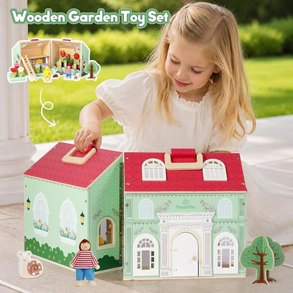 SIMPLIPLAY Montessori Wooden Garden Toys, Vegetable Matching Toy, Toy Food | 45pcs Wooden Dollhouse Kit, Educational Farm Pretend Play & Play Food Sorting for Toddler Kids Boys Girls Birthday Christmas