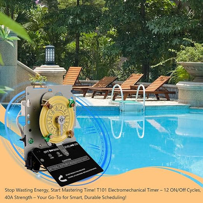 T101M Mechanical Timer Switch (Mechanism Only) - 120V 2HP 40A SPST Pool Pump Timers, 12 ON/Off 24 Hour Wall Timer Switches with Tripper for Lights, Water Heater, Pool Pump Systems