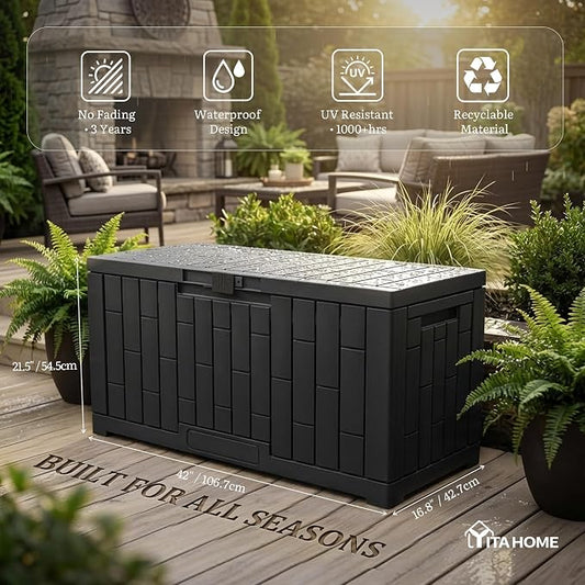 YITAHOME 60 Gallon Outdoor Storage Box | Waterproof Resin Deck Box with Slide-Locking Lid, Patio Storage Bin and Bench Seat for Patio Furniture, Garden Tools and Pool