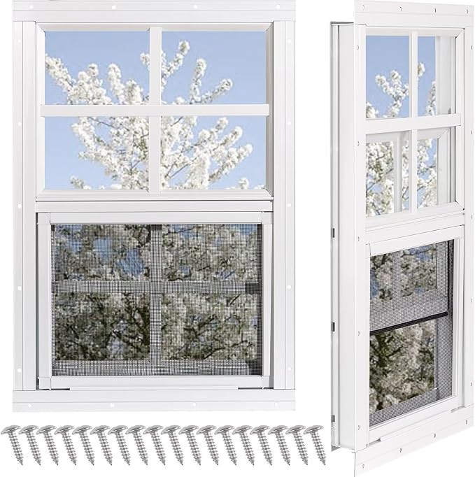 Shed Windows 2 Pack, Chicken Coop Windows 24" x 36" White | Flush Mounted Small Windows with Tempered Glass and Fiberglass Screen for Shed, Barns, Playhouse, Household, Garage