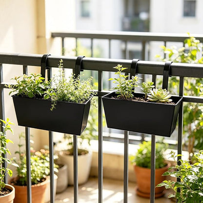 12" Balcony Railing Planters, Outdoor Hanging Planter for Fence, Stylish Metal Porch Deck Flower Pot for Herbs & Succulents (Rectangular-Black, Pack of 6)