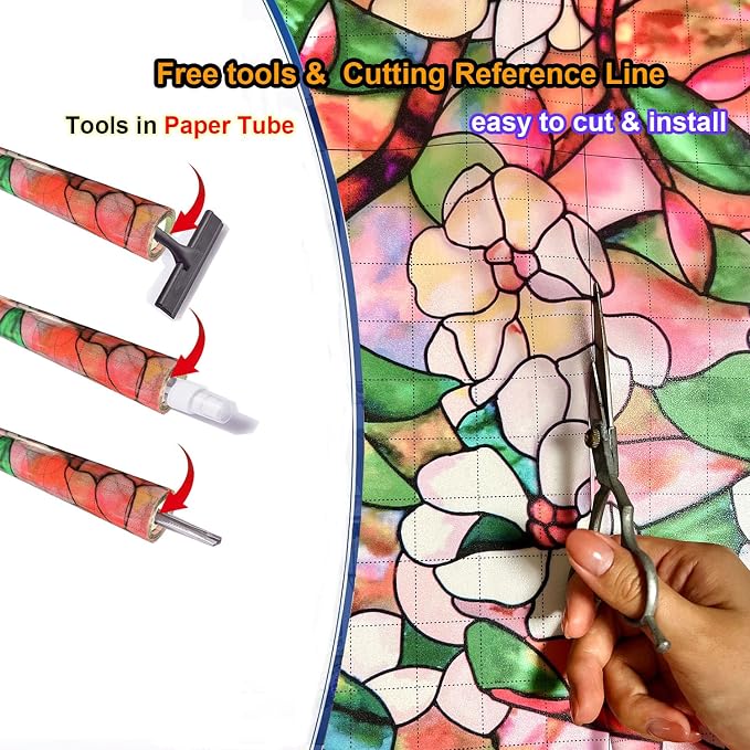 Stained Glass Privacy Film Decorative With Free Tools, Magnolia Window Film for Home, Frosted Tint, Covers Cling, 17.5 Inch by 157.4 Inch